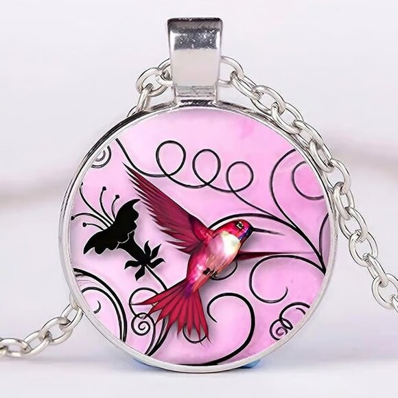 Silver PINK HUMMINGBIRD Glass Cabochon Pendant Necklace - Picture 1 of 4
